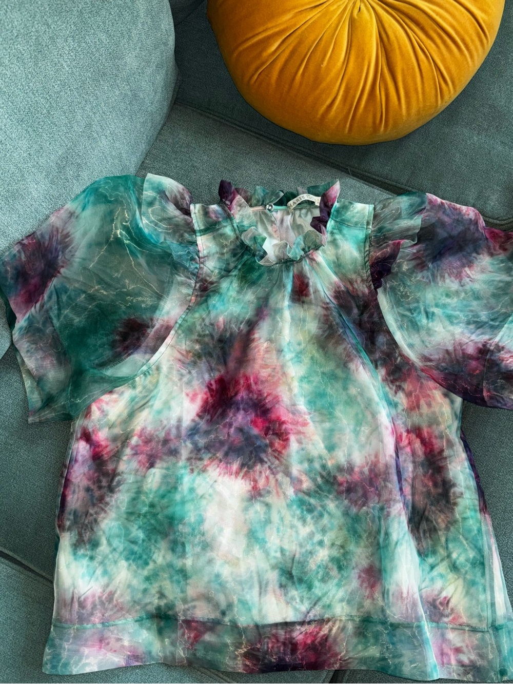 Marie Oliver Tie-Dye Sheer Ruffle Neck Blouse - Teal, Berry & Purple